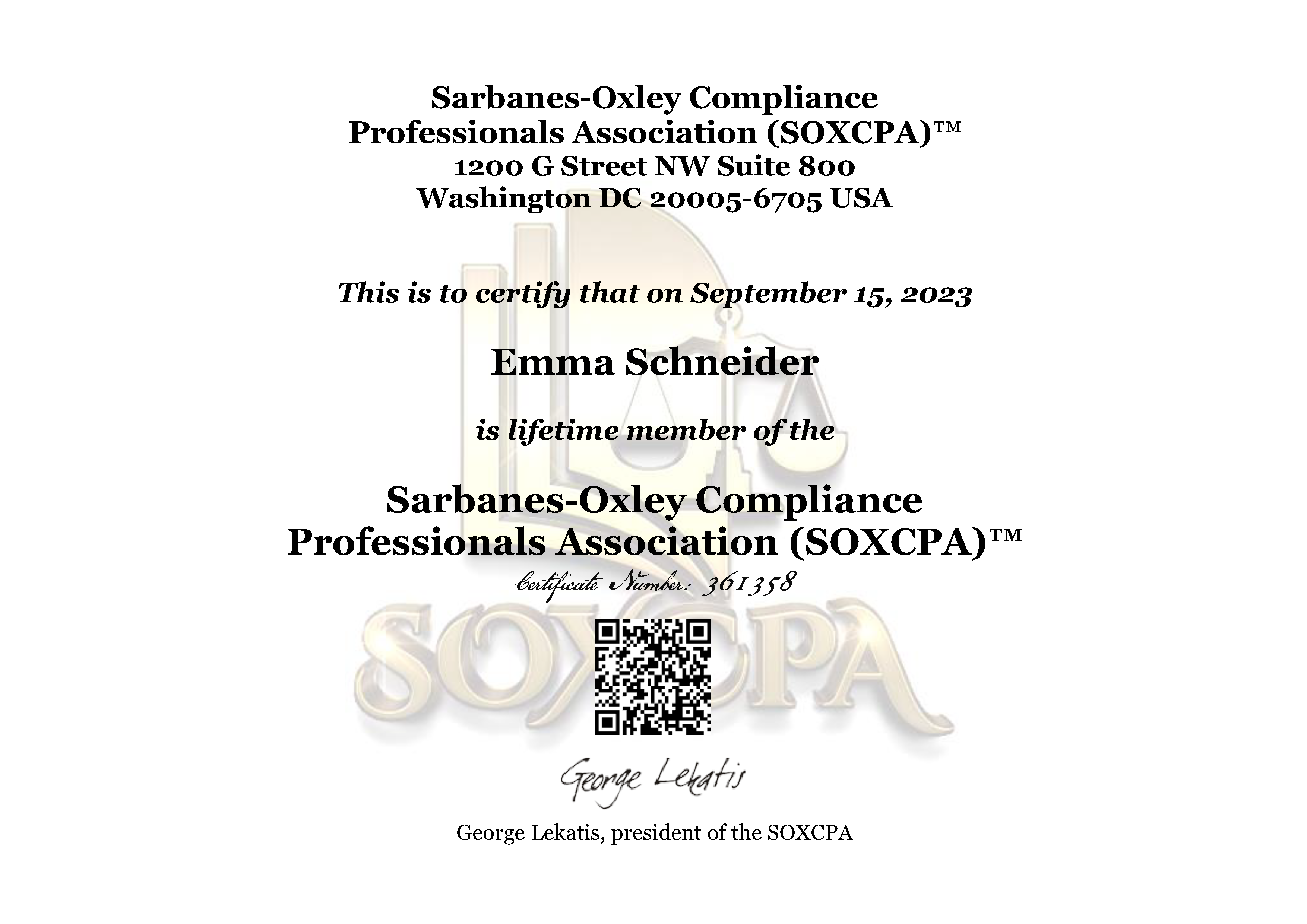 Lifetime Member of the Sarbanes-Oxley Compliance Professionals Association (SOXCPA)